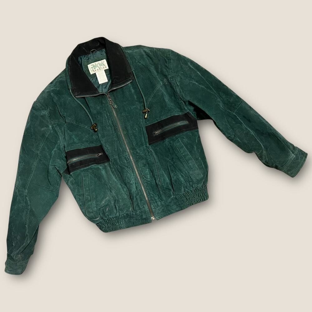 Ash Creek Trading Men’s Large Green Leather Bomber Jacket Zip Up Vintage V04